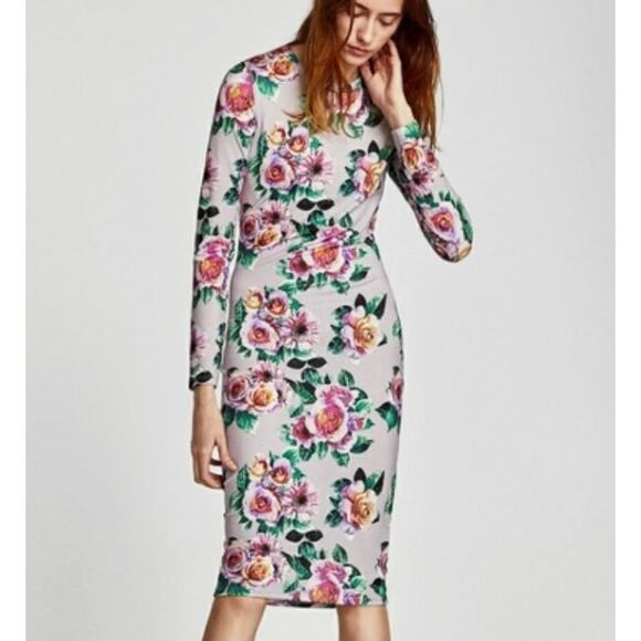 ZARA PURPLE LILAC FLORAL BODY CON STRETCH MIDI DRESS PENCIL WOMENS SIZE LARGE L - Picture 1 of 11